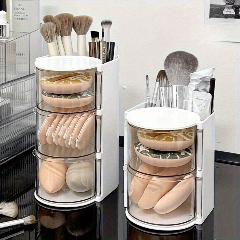 1pc Versatile Desktop Cosmetic Display, Travel-Friendly Rotating Dust-Resistant Makeup Egg Air Cushion Organizer for Dressing Tables, Multi-Tier Lipstick And Makeup Brush Holder with High Storage Capacity