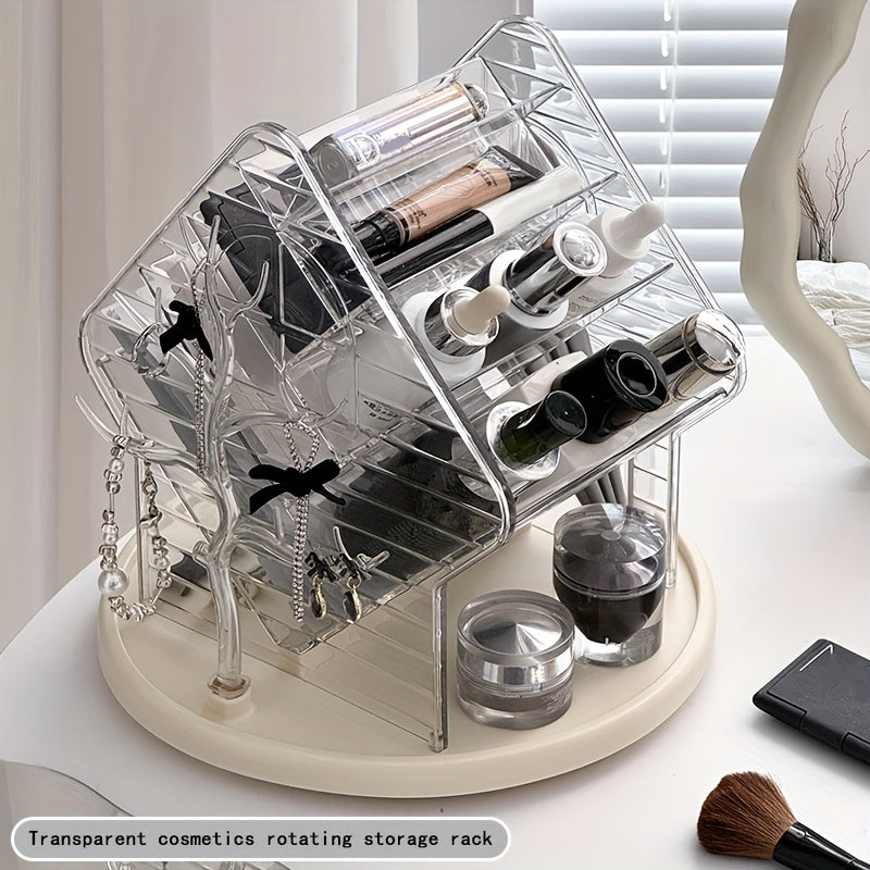 Faridabio 360-Degree Rotating Makeup Organizer with Brush Holder - Freestanding Vanity Cabinet, Heavy-Duty Clear Plastic Construction, Space-Saving Bathroom Storage for Makeup, Jewelry, Beauty Products - No Assembly Needed, Modern Vanity Organizer, Makeup