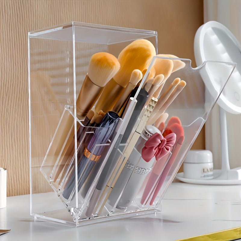 Clear Makeup Brush Organizer with Lid - Transparent Cosmetic Storage Box, Vanity Organizer with Dustproof Cover, Bathroom Countertop Organizer for Professional or Home Use, Space-Saving Makeup Display Case, Makeup Vanity Desk, Durable Plastic Material