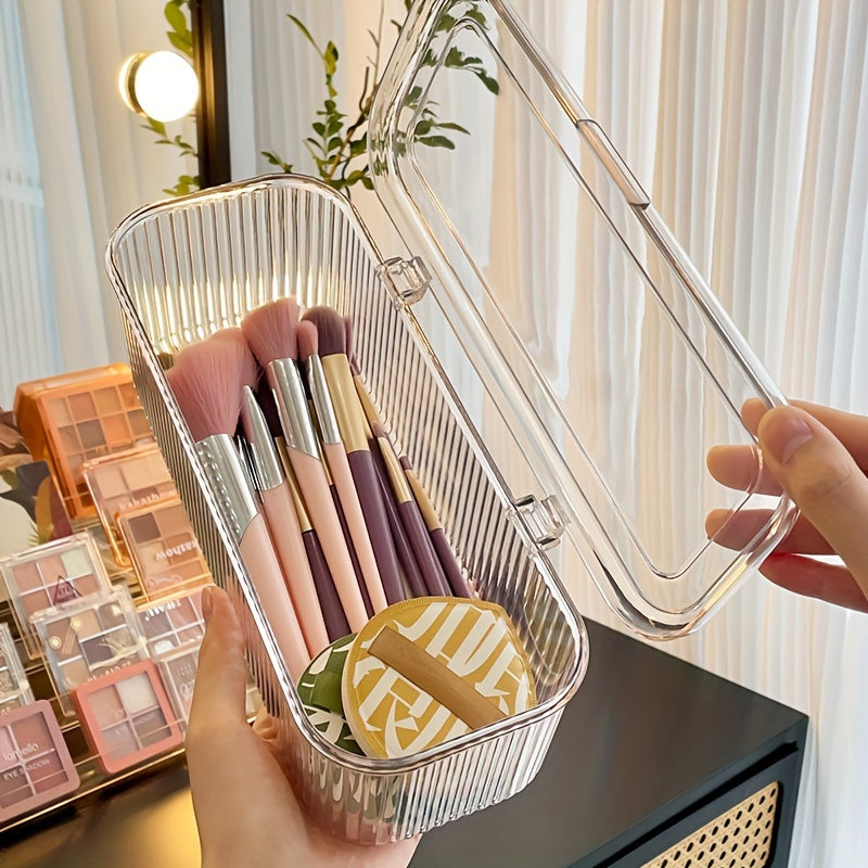 1PC Clear Plastic Makeup Organizer Case with Lid, Countertop Cosmetic Storage Box for Brushes, Beauty Sponges, Puff | Dust-Proof, Lightweight, No Electricity Needed, Weatherproof, Under 3.2 Cubic Feet & 27 Inches Tall, Holds <30 Lbs