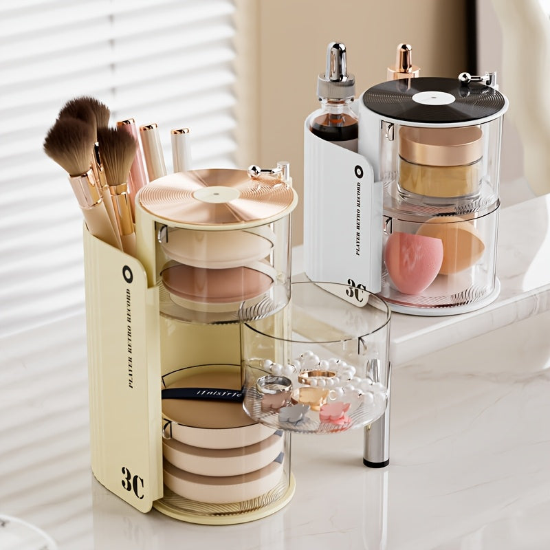 Luxury 3C Rotating Makeup Brush & Puff Storage Box - Dustproof Multi-Layer Design, Independent Smooth Surface Desk Organizer for Dressing Table, Bathroom, Office & Home Use, Countertop Mounting, No Electricity Needed, Countertop Organizer|Sleek
