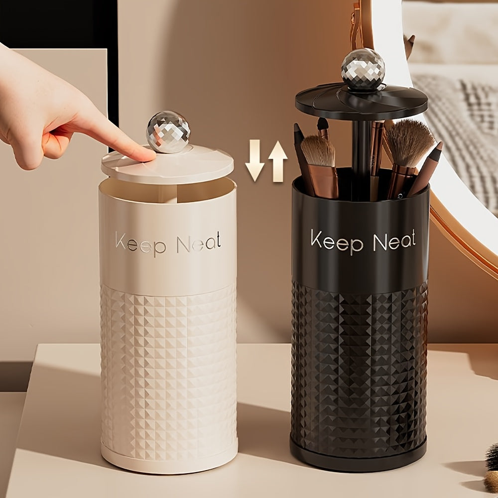 1pc Automatic Pop-Up Cosmetic Organizer with Dust-Proof Lid - Durable Plastic Makeup Brush Holder for Vanity & Bathroom Countertop, Black & White Brush Storage Tubes, No Power Needed, Makeup Vanity Desk, Sleek Design, Sturdy Construction, Beauty