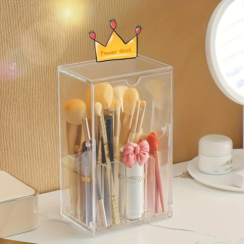 Clear Makeup Brush Organizer with Lid - Transparent Cosmetic Storage Box, Vanity Organizer with Dustproof Cover, Bathroom Countertop Organizer for Professional or Home Use, Space-Saving Makeup Display Case, Makeup Vanity Desk, Durable Plastic Material