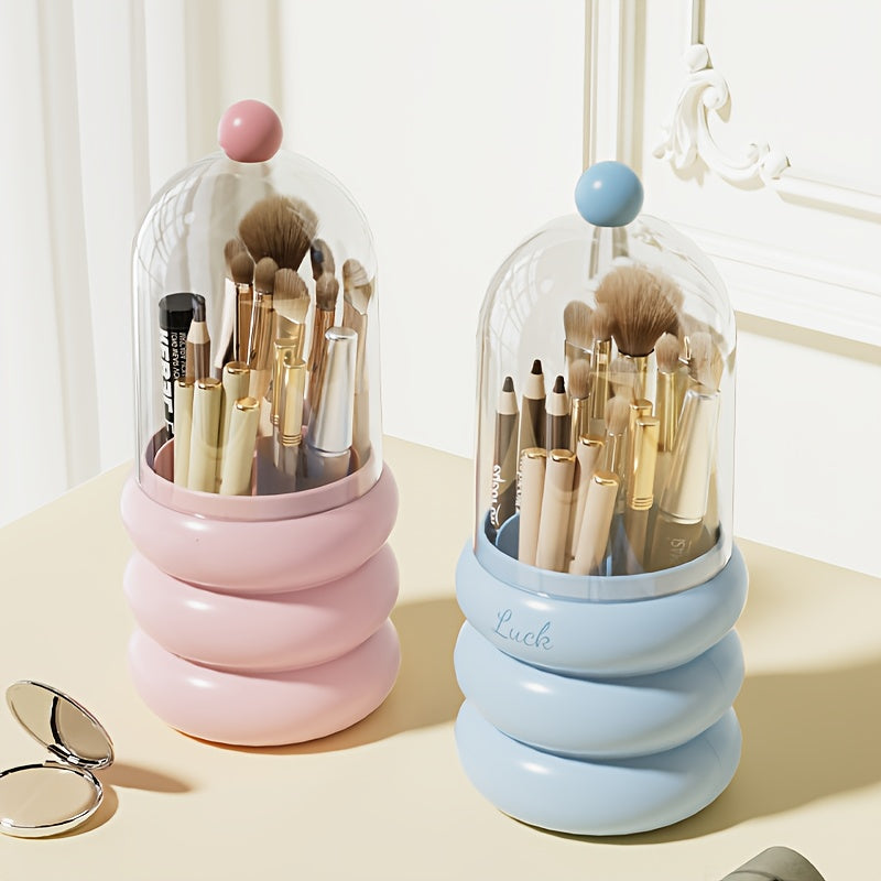 1pc Rotating Makeup Organizer with Brush Holder - Multi-Compartment Cosmetic & Office Storage Box, Durable Plastic Countertop Organizer for Bathroom, Vanity, Desk - Space-Saving Design for Pens, Brushes, Toothbrushes, Makeup Brushes, Makeup Vanity Desk,