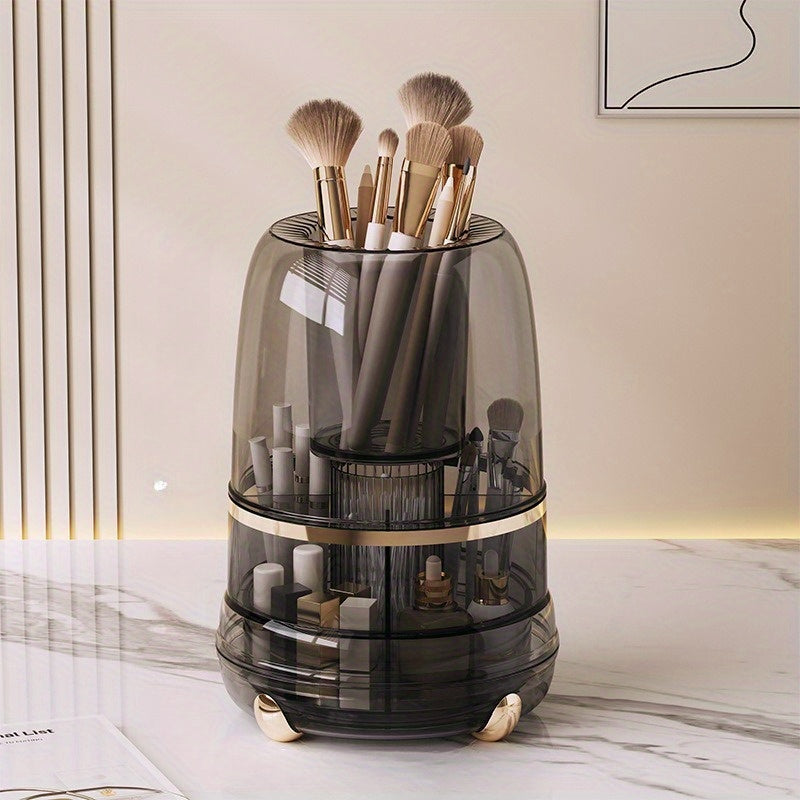 Premium Rotating Makeup Carousel - Crystal Clear Cosmetic Organizer with Sealed Cover | Precision Compartments for Brushes, Lipsticks & Brow Pencils, Luxe Vanity Centerpiece