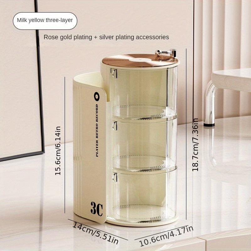 Luxury 3C Rotating Makeup Brush & Puff Storage Box - Dustproof Multi-Layer Design, Independent Smooth Surface Desk Organizer for Dressing Table, Bathroom, Office & Home Use, Countertop Mounting, No Electricity Needed, Countertop Organizer|Sleek