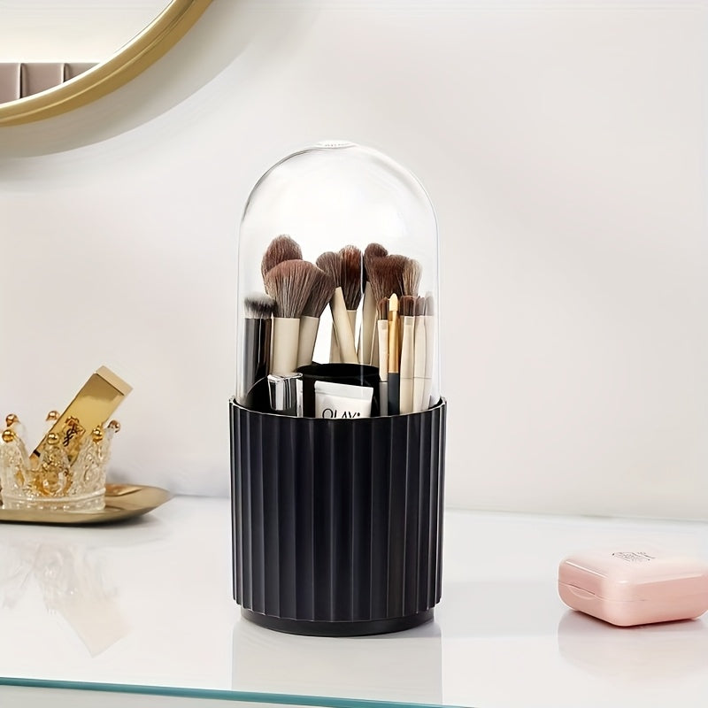 [360° Rotating Makeup Organizer] 360° Rotating Makeup Organizer with Clear Dome Lid - Spacious Vanity Storage Box, Stable Base, Durable Plastic Construction for Home, Salon, Office - Makeup Vanity Desk, Home Organization, Sleek Design, Sturdy