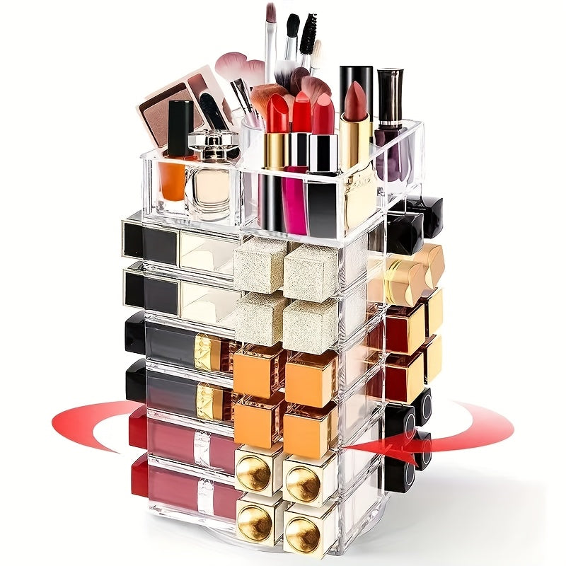 53-Grid Transparent Acrylic Makeup Organizer - Rotating Cosmetic Display Stand for Lipsticks, Brushes, Perfumes & Skincare - Space-Saving Countertop Storage with Elegant Design for Vanity or Bathroom, Makeup Vanity Desk, Sleek Design, Durable Construction