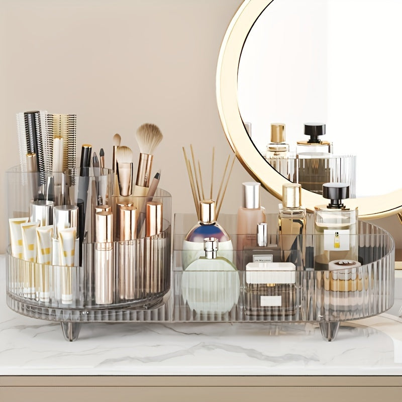 1pc Large Capacity Rotating Acrylic Makeup Organizer - 360° Swivel Transparent Cosmetics Storage Box with Brush and Pen Holder for Dresser and Desktop Organization, Easy Access and Visibility, Space-Saving Design