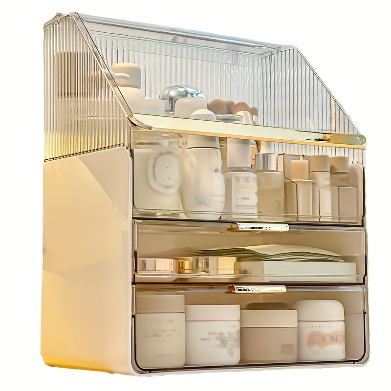 1pc Large Capacity Clear Cosmetic & Perfume Organizer - Transparent Makeup Brush Holder with Multiple Compartments, Lightweight Polished Bathroom Countertop Storage Box for Women & Men, No Assembly Needed