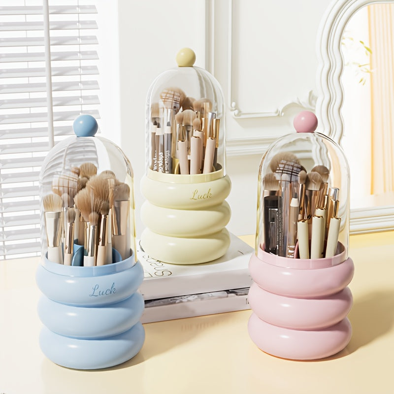 1pc Rotating Makeup Organizer with Brush Holder - Multi-Compartment Cosmetic & Office Storage Box, Durable Plastic Countertop Organizer for Bathroom, Vanity, Desk - Space-Saving Design for Pens, Brushes, Toothbrushes, Makeup Brushes, Makeup Vanity Desk,