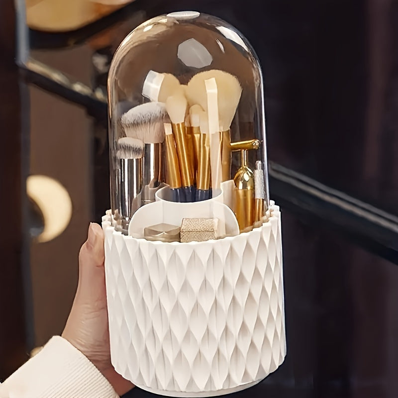 360° Rotating Makeup Brush Holder with Transparent Dome Lid - Dustproof & Waterproof White Hexagonal Organizer, Spacious Countertop Storage for Brushes & Skincare Products, Durable Plastic Vanity Organizer with 360° Spin, No Power Required, Bathroom &