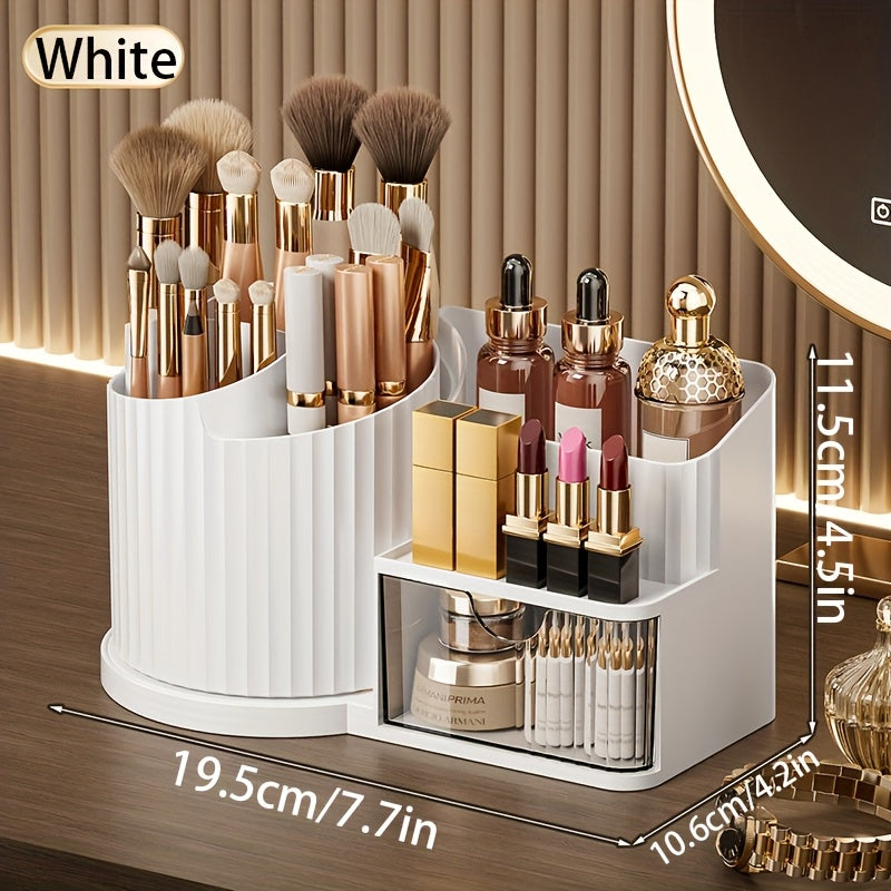 360° Rotating Makeup Organizer with Brush Holder & Drawer - Makeup Vanity Organizer with Brush Storage, Lipstick, Skincare, Office Stationery - Space-Saving Countertop Organizer, No Power Needed, Elegant White Finish - Perfect for Home, Salon, Bathroom,