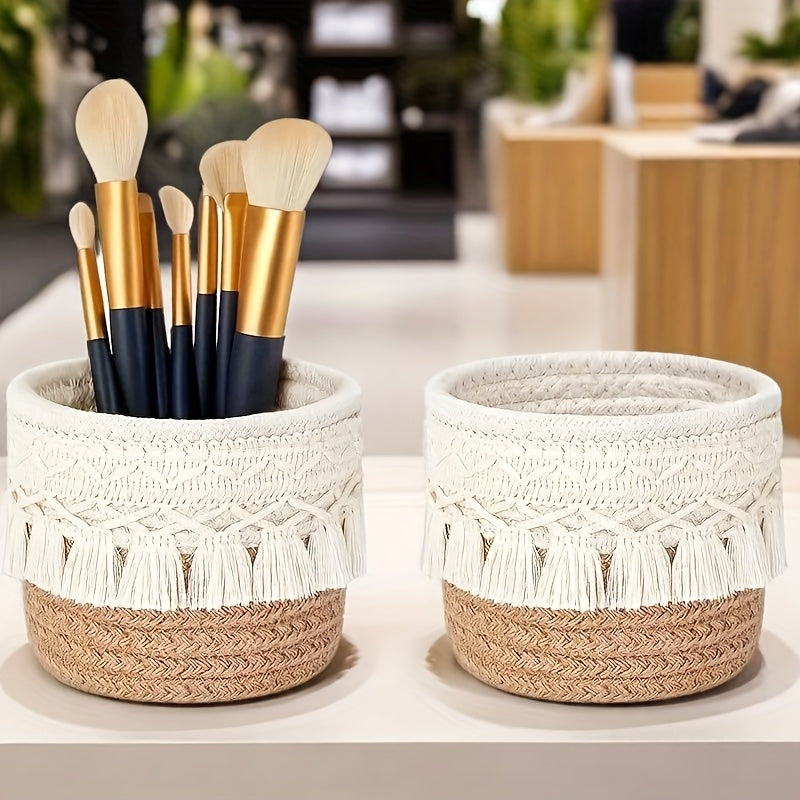 SENDPISTIL Vintage Round Woven Desktop Storage Basket with Fringe - Natural Fabric Makeup Brush Organizer for Vanity, Bathroom & Desk - Decorative Cosmetic Accessories Organizer, Shelf Baskets