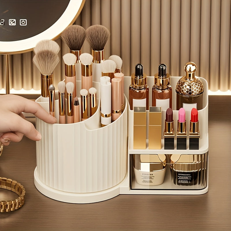 360° Rotating Makeup Organizer with Brush Holder & Drawer - Makeup Vanity Organizer with Brush Storage, Lipstick, Skincare, Office Stationery - Space-Saving Countertop Organizer, No Power Needed, Elegant White Finish - Perfect for Home, Salon, Bathroom,