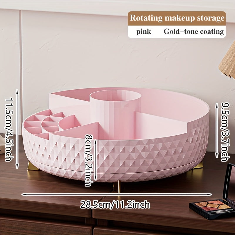 1pc High-End Rotating Makeup Organizer - 11.2" Diamond-Pattern Cosmetic Storage Container with Multiple Compartments, Durable Plastic Vanity Organizer for Lipstick, Skincare & Brushes, Freestanding Bathroom Countertop Display, Valentine's Day Gift,