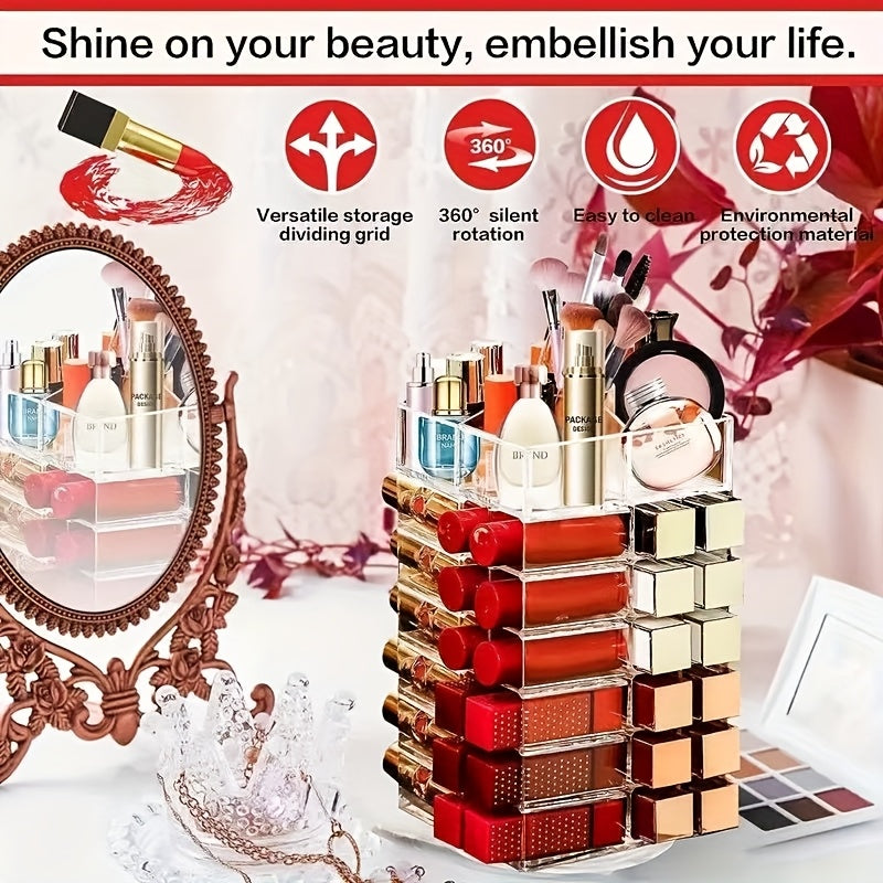 53-Grid Transparent Acrylic Makeup Organizer - Rotating Cosmetic Display Stand for Lipsticks, Brushes, Perfumes & Skincare - Space-Saving Countertop Storage with Elegant Design for Vanity or Bathroom, Makeup Vanity Desk, Sleek Design, Durable Construction