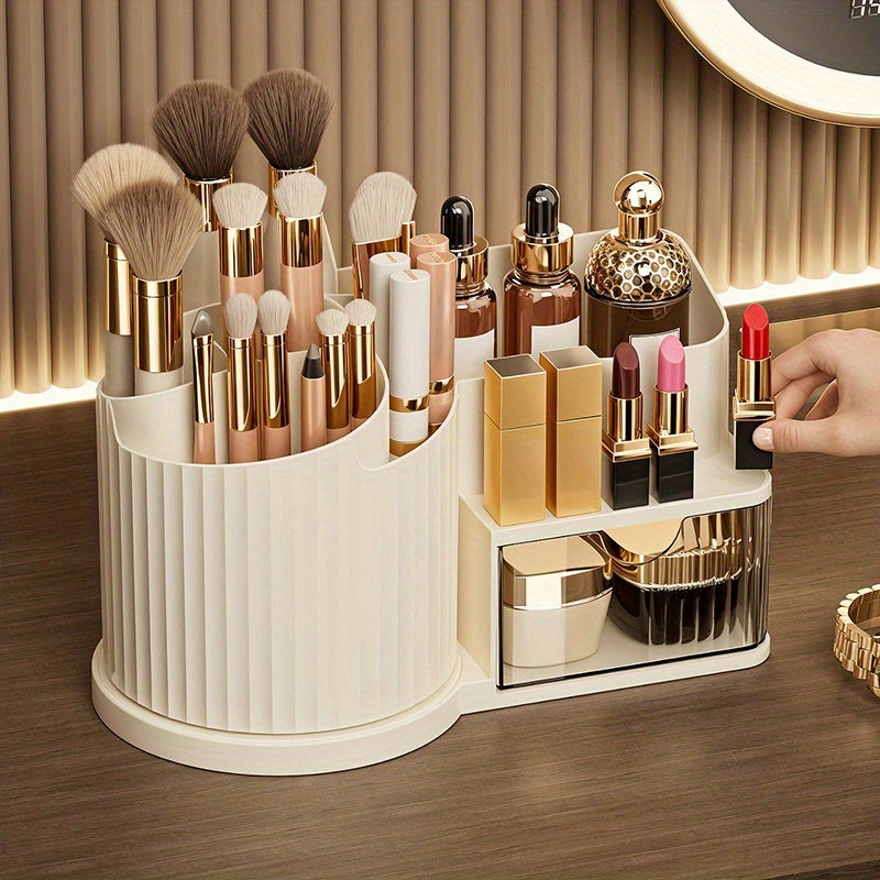 360° Rotating Makeup Organizer with Brush Holder & Drawer - Makeup Vanity Organizer with Brush Storage, Lipstick, Skincare, Office Stationery - Space-Saving Countertop Organizer, No Power Needed, Elegant White Finish - Perfect for Home, Salon, Bathroom,