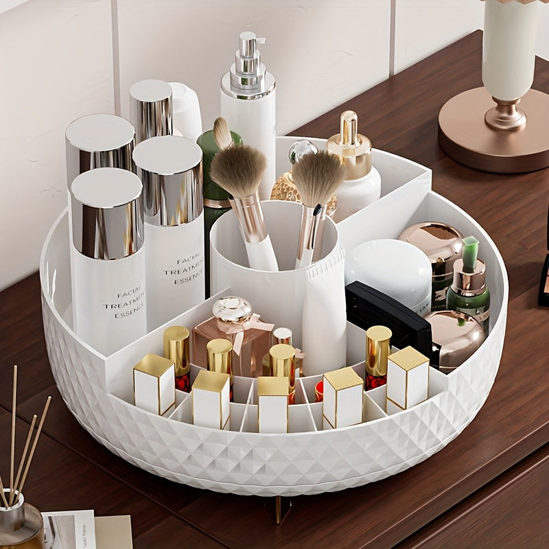 1pc High-End Rotating Makeup Organizer - 11.2" Diamond-Pattern Cosmetic Storage Container with Multiple Compartments, Durable Plastic Vanity Organizer for Lipstick, Skincare & Brushes, Freestanding Bathroom Countertop Display, Valentine's Day Gift,