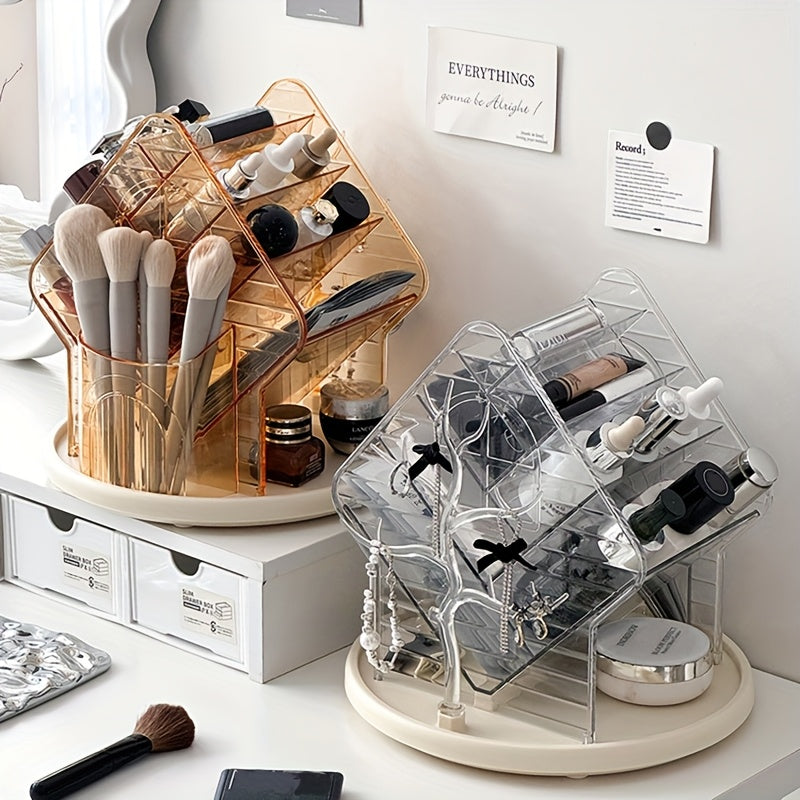 Faridabio 360-Degree Rotating Makeup Organizer with Brush Holder - Freestanding Vanity Cabinet, Heavy-Duty Clear Plastic Construction, Space-Saving Bathroom Storage for Makeup, Jewelry, Beauty Products - No Assembly Needed, Modern Vanity Organizer, Makeup