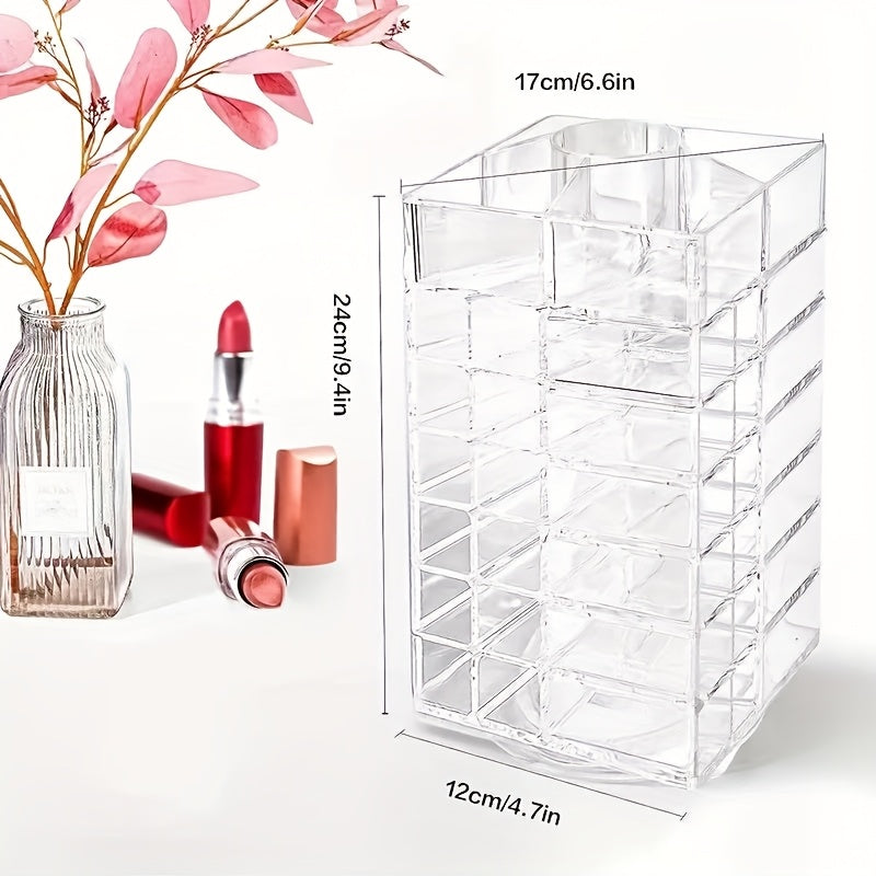 53-Grid Transparent Acrylic Makeup Organizer - Rotating Cosmetic Display Stand for Lipsticks, Brushes, Perfumes & Skincare - Space-Saving Countertop Storage with Elegant Design for Vanity or Bathroom, Makeup Vanity Desk, Sleek Design, Durable Construction