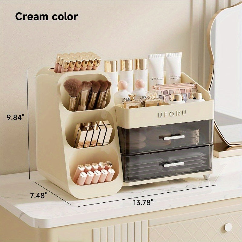 Makeup Organizer Vanity with Brush Holder, Countertop Organizer with 2 Drawers, Spacious Cosmetic Display Beauty Essential, Skincare, Lipstick, Makeup Organizer with Mirror, Cosmetics Storage Organizer, Makeup Storage Box, Makeup Organizers And Storage,