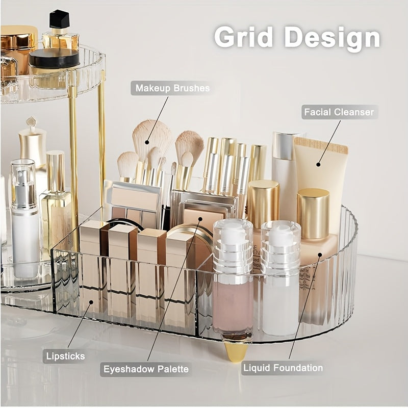 2-Layer Transparent Acrylic Makeup Storage Box with Transparent Golden (Silvery) Foot Pad, Makeup Storage Rack for Dressing Table to Store Skincare Products, Brushes, Perfume