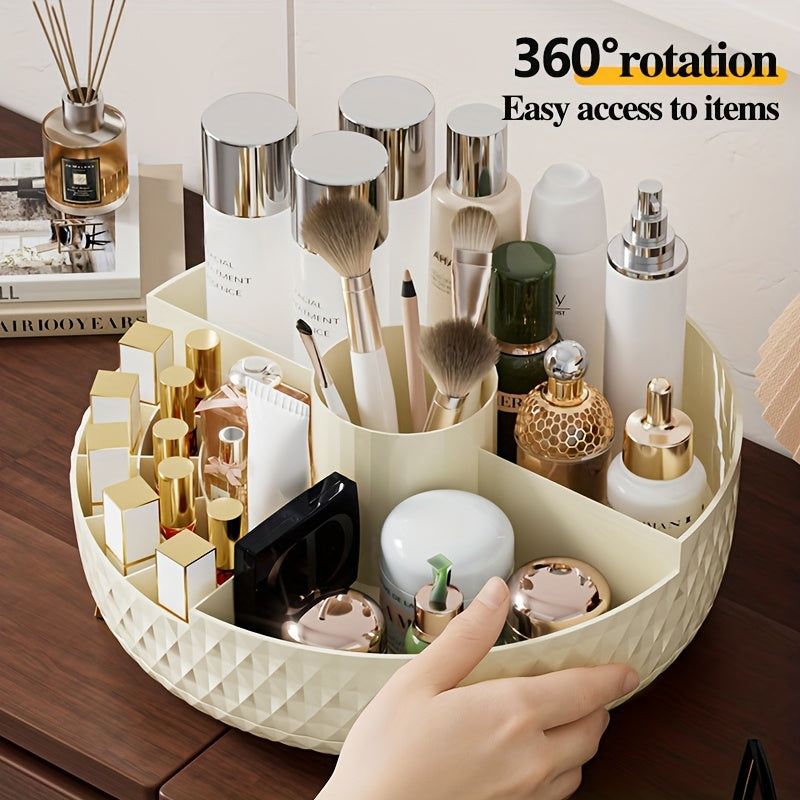 1pc High-End Rotating Makeup Organizer - 11.2" Diamond-Pattern Cosmetic Storage Container with Multiple Compartments, Durable Plastic Vanity Organizer for Lipstick, Skincare & Brushes, Freestanding Bathroom Countertop Display, Valentine's Day Gift,