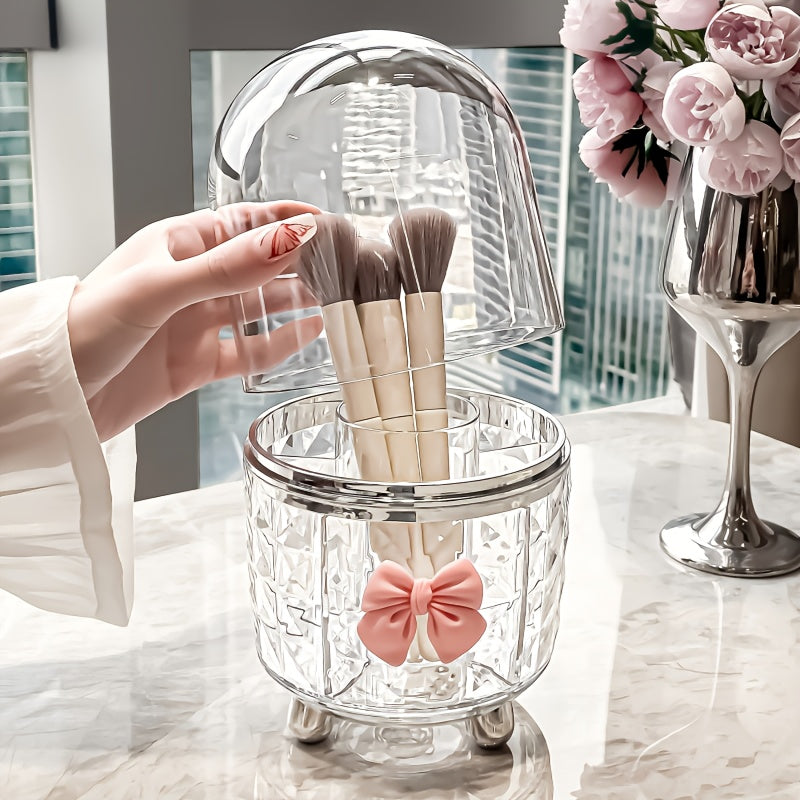 360-Degree Rotating Makeup Organizer with Clear Lid - Bathroom Vanity Organizer, Space-Saving Countertop Storage for Makeup Brushes, Lipstick, Eyeliner - No Power Needed, Durable Plastic Construction - Perfect for Home or, Decorative Bow Accent, Sturdy