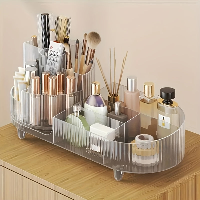 1pc Large Capacity Rotating Acrylic Makeup Organizer - 360° Swivel Transparent Cosmetics Storage Box with Brush and Pen Holder for Dresser and Desktop Organization, Easy Access and Visibility, Space-Saving Design