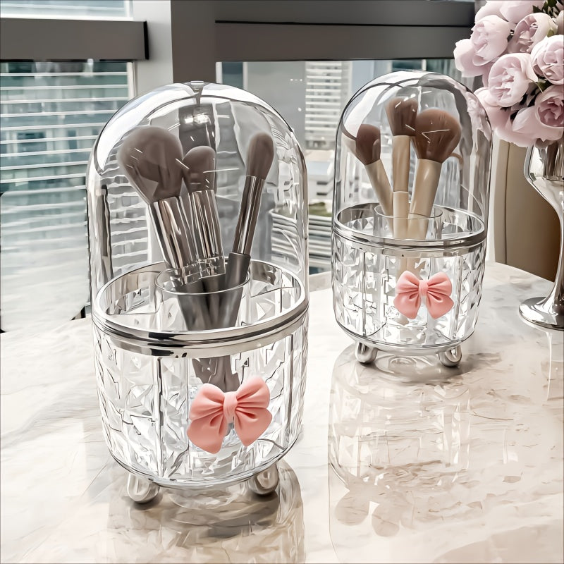 360-Degree Rotating Makeup Organizer with Clear Lid - Bathroom Vanity Organizer, Space-Saving Countertop Storage for Makeup Brushes, Lipstick, Eyeliner - No Power Needed, Durable Plastic Construction - Perfect for Home or, Decorative Bow Accent, Sturdy