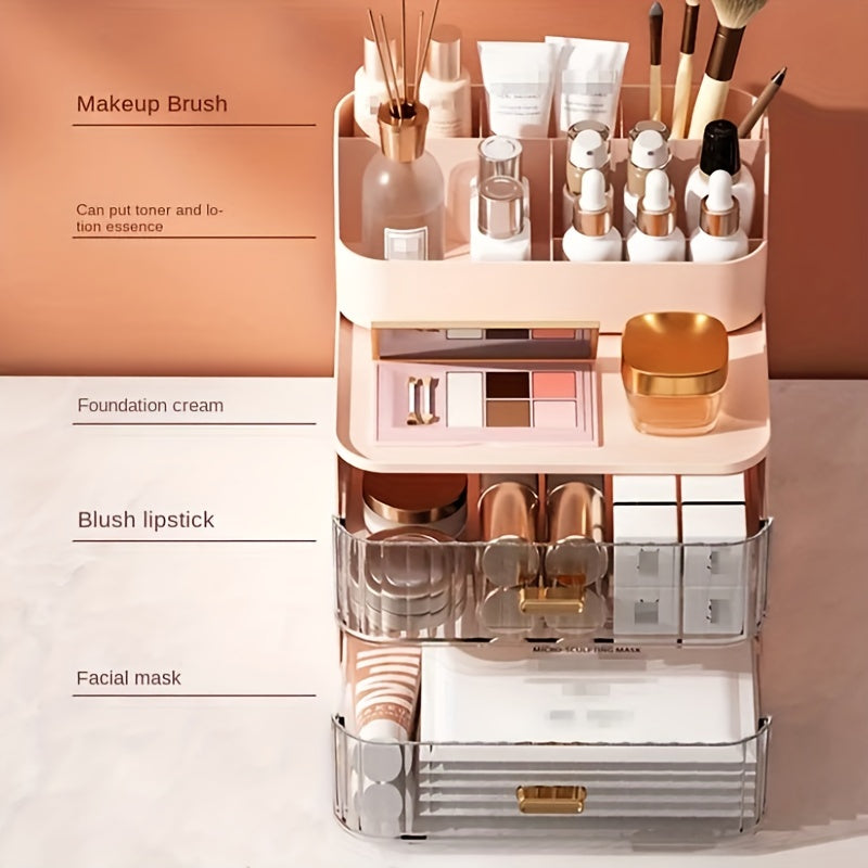 1pc Makeup Supplies Storage Box With Drawer, Dustproof Jewelry Earring Hair Ring Rings Rack, Bedroom Skin Care Products Lipsticks Organizer, Home Essential, Makeup Organizer