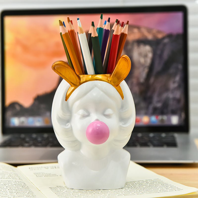 1pc Cute Bubble-Blowing Girl Desk Organizer - Elegant White & Golden Accent Pen Holder, Makeup Brush Storage, Decorative Office & Home Decoration - Perfect Gift for Women, Girls, Teachers, Students - Birthday, Valentine's, Easter Present - Stable Base for