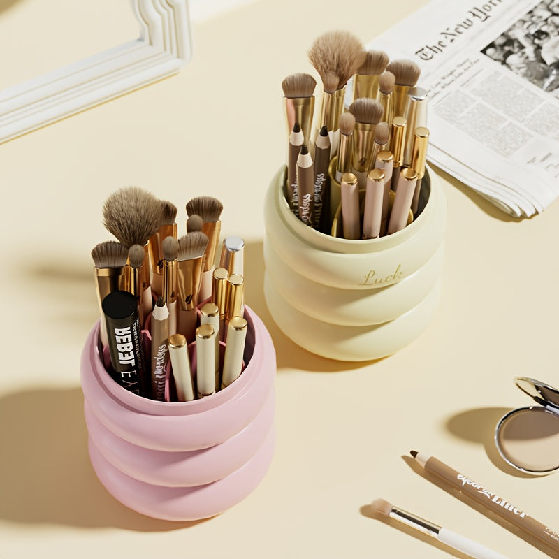 1pc Rotating Makeup Organizer with Brush Holder - Multi-Compartment Cosmetic & Office Storage Box, Durable Plastic Countertop Organizer for Bathroom, Vanity, Desk - Space-Saving Design for Pens, Brushes, Toothbrushes, Makeup Brushes, Makeup Vanity Desk,