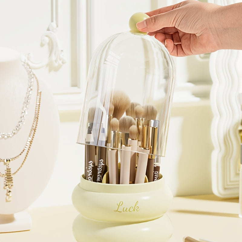 1pc Rotating Makeup Organizer with Brush Holder - Multi-Compartment Cosmetic & Office Storage Box, Durable Plastic Countertop Organizer for Bathroom, Vanity, Desk - Space-Saving Design for Pens, Brushes, Toothbrushes, Makeup Brushes, Makeup Vanity Desk,