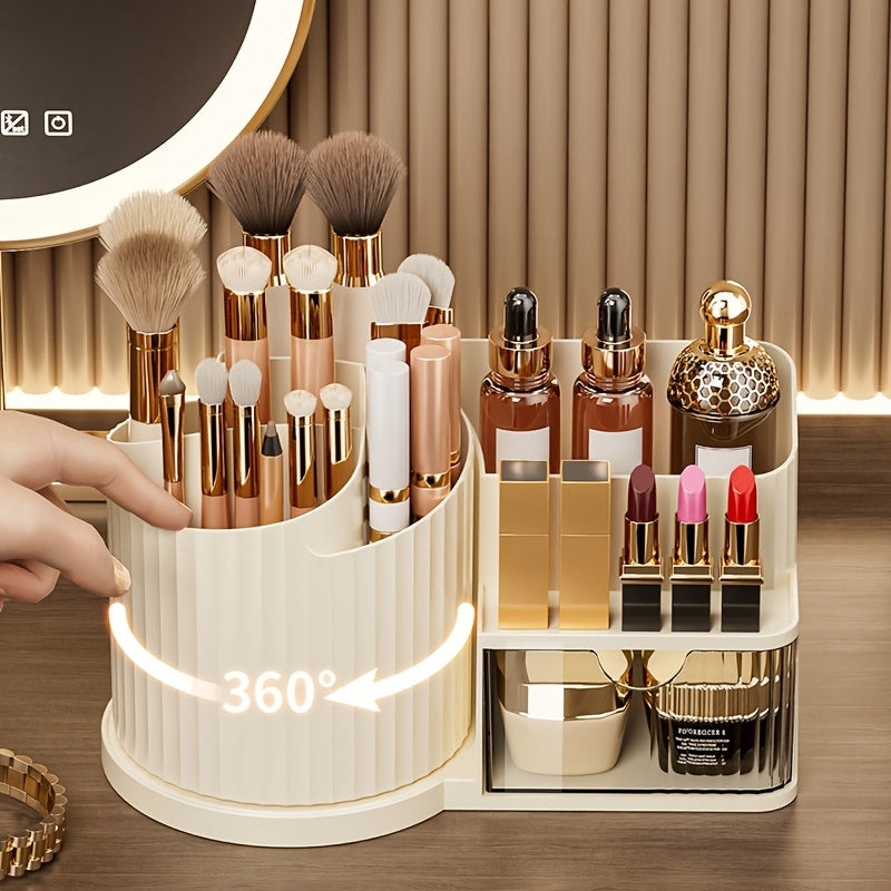 360° Rotating Makeup Organizer with Brush Holder & Drawer - Makeup Vanity Organizer with Brush Storage, Lipstick, Skincare, Office Stationery - Space-Saving Countertop Organizer, No Power Needed, Elegant White Finish - Perfect for Home, Salon, Bathroom,