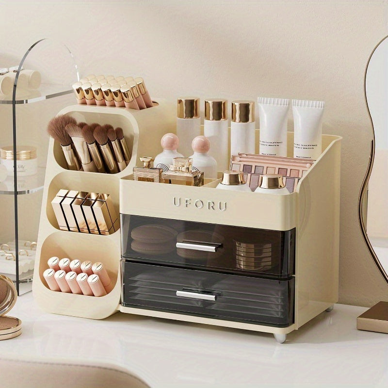 Makeup Organizer Vanity with Brush Holder, Countertop Organizer with 2 Drawers, Spacious Cosmetic Display Beauty Essential, Skincare, Lipstick, Makeup Organizer with Mirror, Cosmetics Storage Organizer, Makeup Storage Box, Makeup Organizers And Storage,
