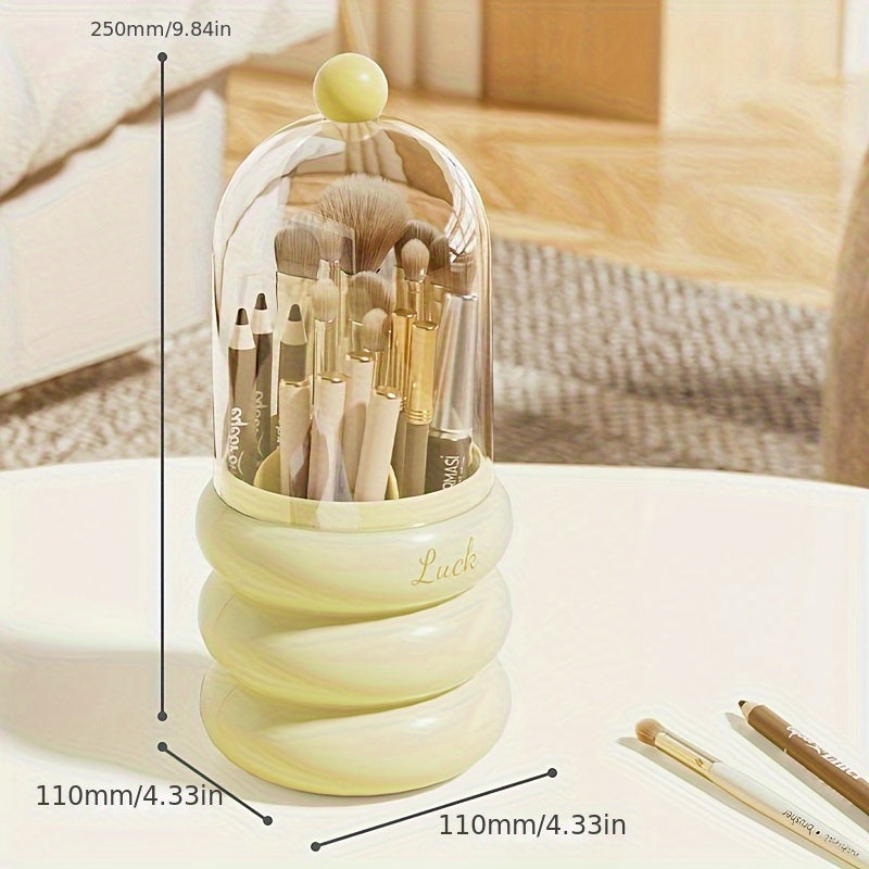 1pc Rotating Makeup Organizer with Brush Holder - Multi-Compartment Cosmetic & Office Storage Box, Durable Plastic Countertop Organizer for Bathroom, Vanity, Desk - Space-Saving Design for Pens, Brushes, Toothbrushes, Makeup Brushes, Makeup Vanity Desk,