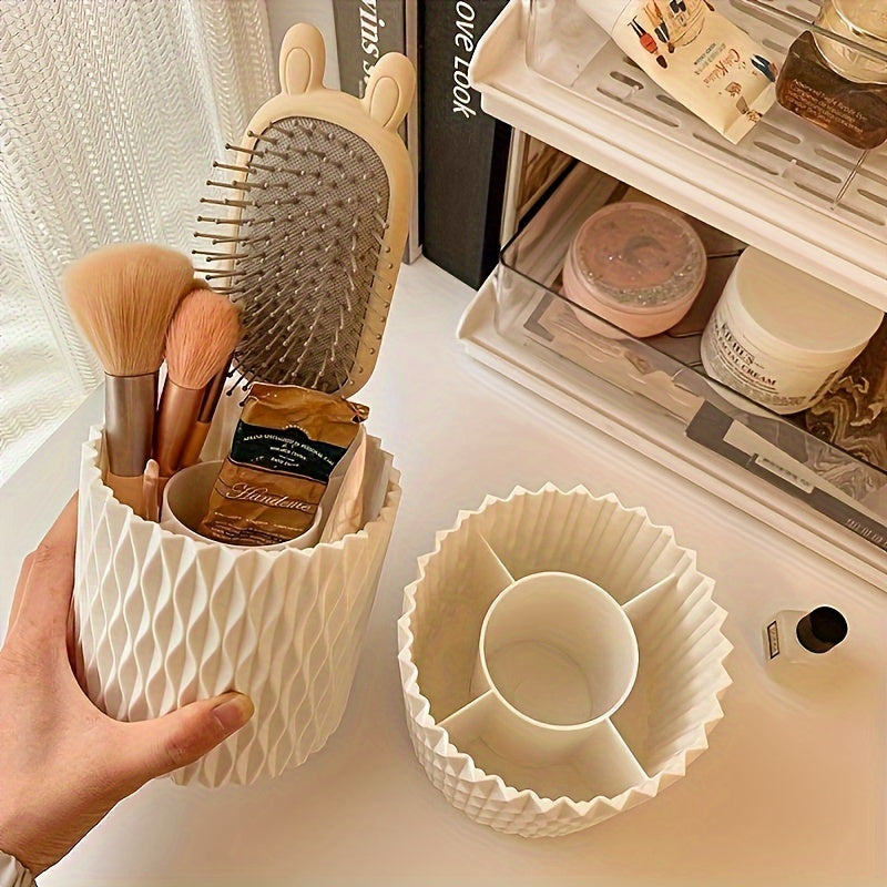 360° Rotating Makeup Brush Holder with Transparent Dome Lid - Dustproof & Waterproof White Hexagonal Organizer, Spacious Countertop Storage for Brushes & Skincare Products, Durable Plastic Vanity Organizer with 360° Spin, No Power Required, Bathroom &