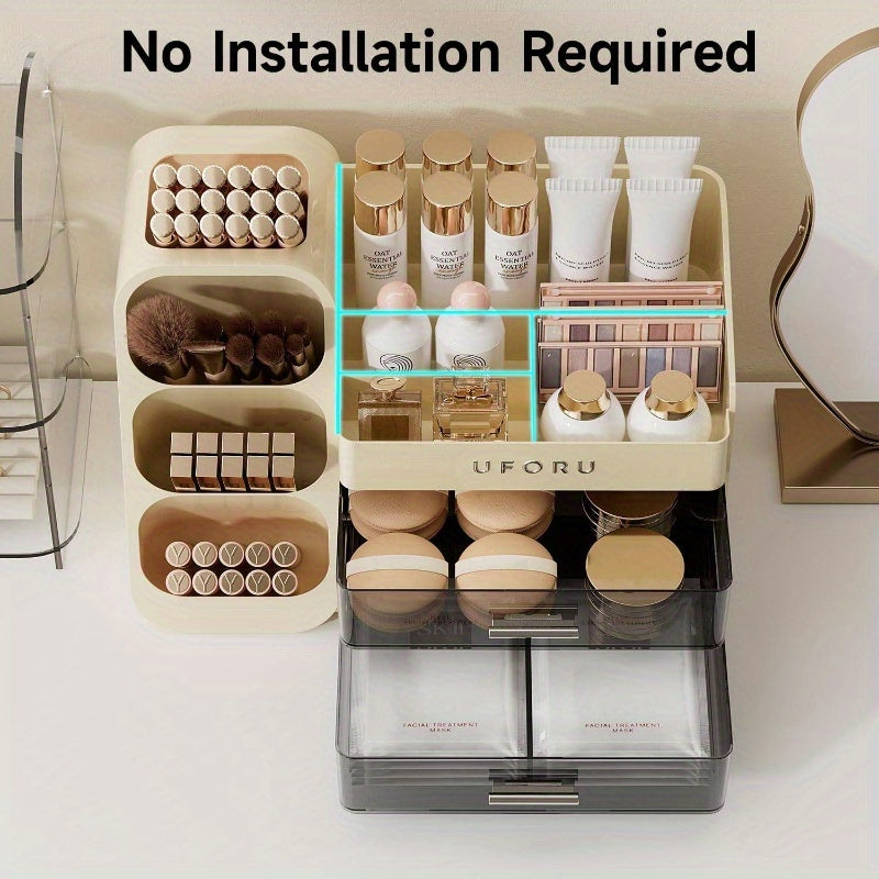 Makeup Organizer Vanity with Brush Holder, Countertop Organizer with 2 Drawers, Spacious Cosmetic Display Beauty Essential, Skincare, Lipstick, Makeup Organizer with Mirror, Cosmetics Storage Organizer, Makeup Storage Box, Makeup Organizers And Storage,