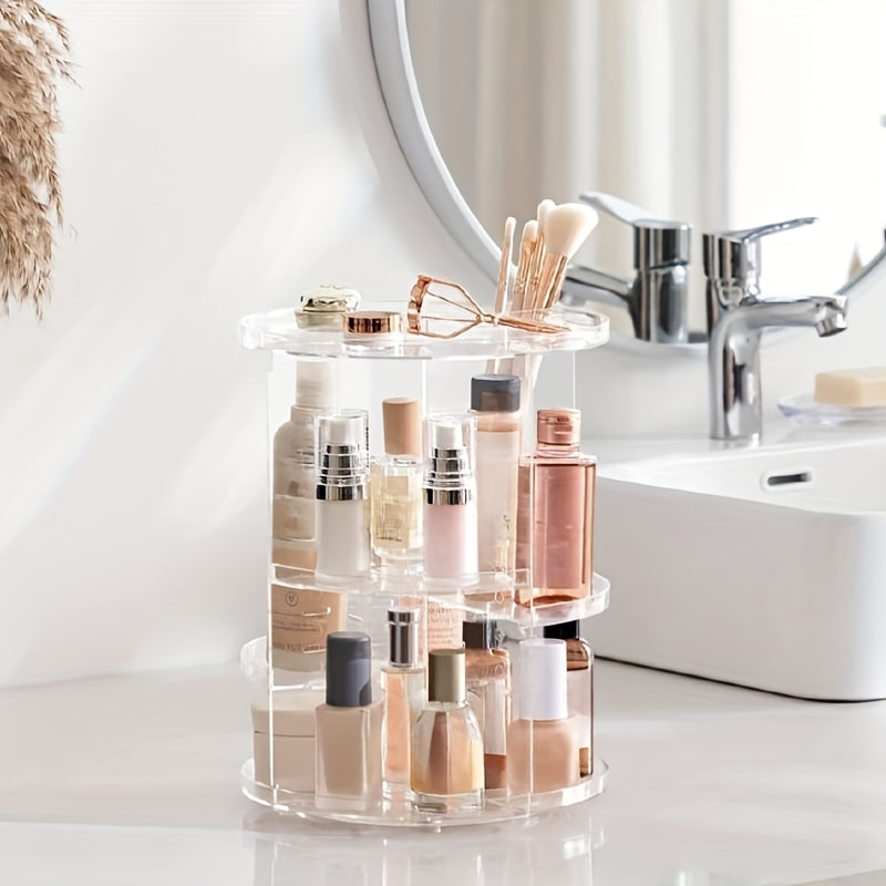 360° Rotating Makeup Organizer - Transparent Vanity Shelf with Multi-Tiered Compartments, Space-Saving Cosmetic Storage for Bathroom, Desk, Dressing Table - Heavy-Duty Plastic Construction, Easy-Clean Vanity Tray, Makeup Vanity Desk, Sleek Beauty Holder,