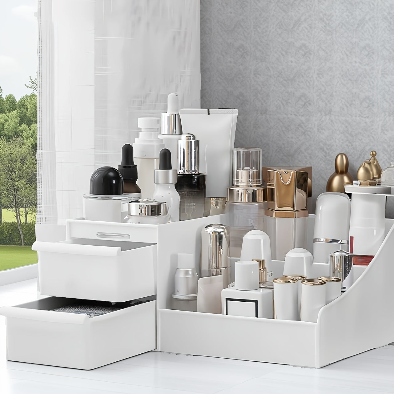 Large INS Style Cosmetic Storage Box with Drawers - Suitable for Bathroom Organization - Used for Perfumes, Creams, Skincare Products, Makeup Brushes and Beauty Tools - Polished Multi-Compartment Design, Durable Space-Saving Vanity Organizer, Sturdy