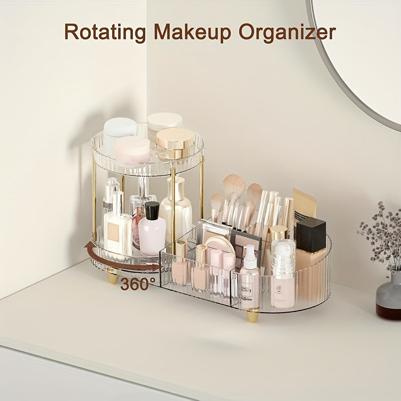2-Layer Transparent Acrylic Makeup Storage Box with Transparent Golden (Silvery) Foot Pad, Makeup Storage Rack for Dressing Table to Store Skincare Products, Brushes, Perfume