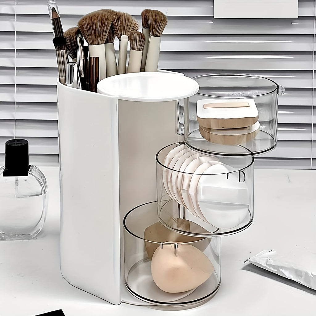 1pc Multi-Layer Rotating Makeup Organizer - White/Pink Cosmetic Storage Box with Drawers, Ideal for Powder, Eyeshadow, Makeup Brushes | Sleek Desktop Organizer for Home Decor, Vanity Display, Makeup Brushe, Desk & Drawer Organizer for Home Storage