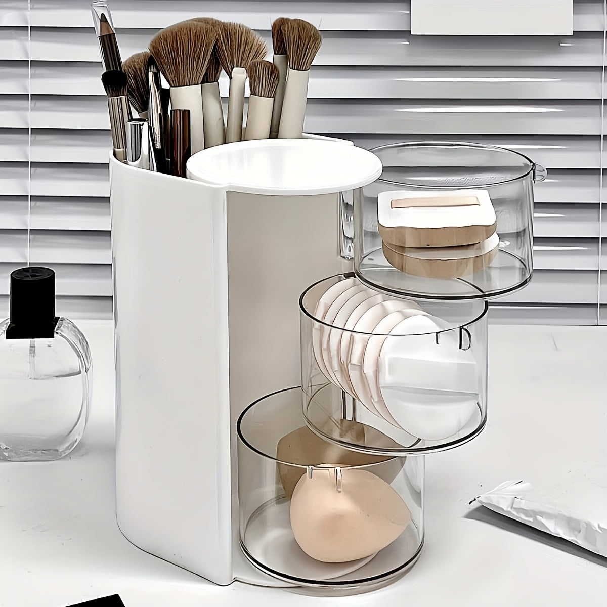 1pc Multi-Layer Rotating Makeup Organizer - White/Pink Cosmetic Storage Box with Drawers, Ideal for Powder, Eyeshadow, Makeup Brushes | Sleek Desktop Organizer for Home Decor, Vanity Display, Makeup Brushe, Desk & Drawer Organizer for Home Storage