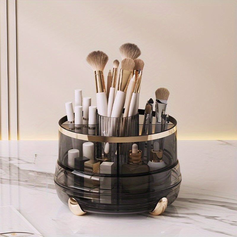 Premium Rotating Makeup Carousel - Crystal Clear Cosmetic Organizer with Sealed Cover | Precision Compartments for Brushes, Lipsticks & Brow Pencils, Luxe Vanity Centerpiece
