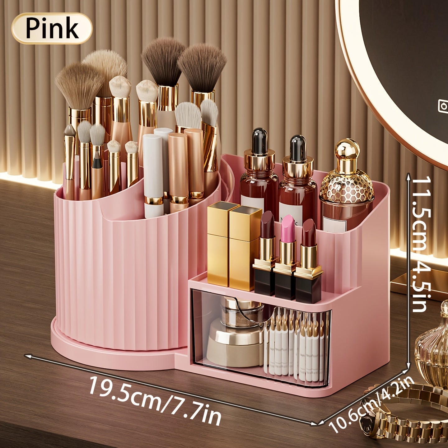 360° Rotating Makeup Organizer with Brush Holder & Drawer - Makeup Vanity Organizer with Brush Storage, Lipstick, Skincare, Office Stationery - Space-Saving Countertop Organizer, No Power Needed, Elegant White Finish - Perfect for Home, Salon, Bathroom,