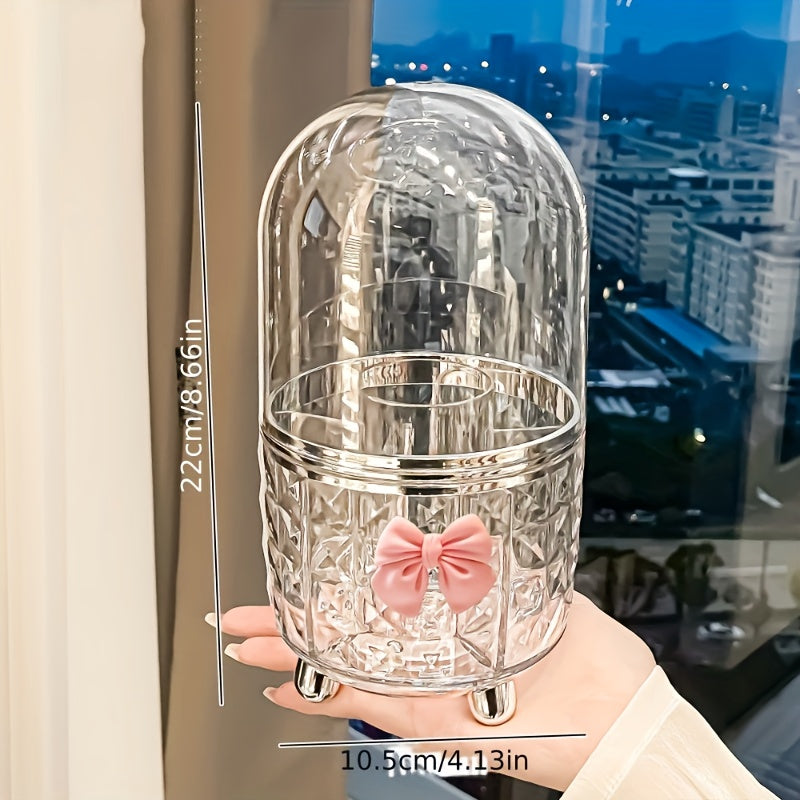 360-Degree Rotating Makeup Organizer with Clear Lid - Bathroom Vanity Organizer, Space-Saving Countertop Storage for Makeup Brushes, Lipstick, Eyeliner - No Power Needed, Durable Plastic Construction - Perfect for Home or, Decorative Bow Accent, Sturdy