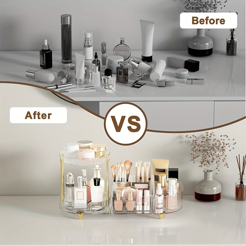 2-Layer Transparent Acrylic Makeup Storage Box with Transparent Golden (Silvery) Foot Pad, Makeup Storage Rack for Dressing Table to Store Skincare Products, Brushes, Perfume