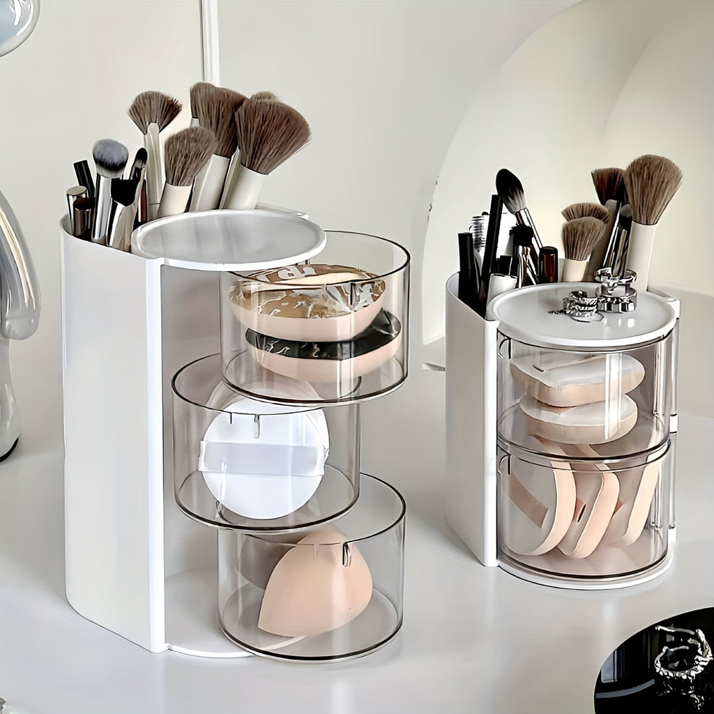 1pc Multi-Layer Rotating Makeup Organizer - White/Pink Cosmetic Storage Box with Drawers, Ideal for Powder, Eyeshadow, Makeup Brushes | Sleek Desktop Organizer for Home Decor, Vanity Display, Makeup Brushe, Desk & Drawer Organizer for Home Storage